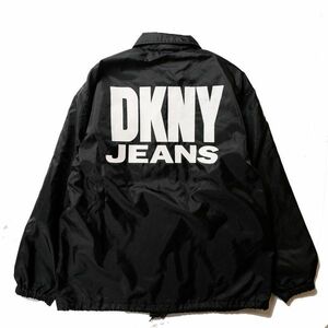 90's USA製 DKNY ビッグロゴプリント ナイロン コーチジャケット 黒 (L) ブラック 90年代 アメリカ製 旧タグ オールド ダナキャラン