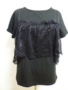 NICE CLAUP/ Nice Claup * black race Cami twin manner short sleeves T-shirt cut and sewn / black piling put on manner fake twin manner *1221