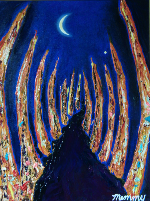 ≪Komikyo≫, Mémi Sato, Promenade nocturne/croissant de lune, peinture à l'huile, F6 n° : 40, 9×31, 8 cm, Peinture à l'huile unique en son genre, Peinture à l'huile neuve de haute qualité avec cadre, Signé à la main et authenticité garantie, peinture, peinture à l'huile, Nature, Peinture de paysage