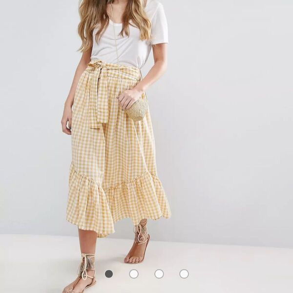 未使用タグ付き asos ギンガムチェック柄マキシスカート コットンフレアスカート uk6 アシンメトリー