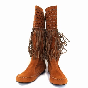  Esperanza ESPERANZA long boots Flat fringe suede style L Brown tea /HT13 lady's 