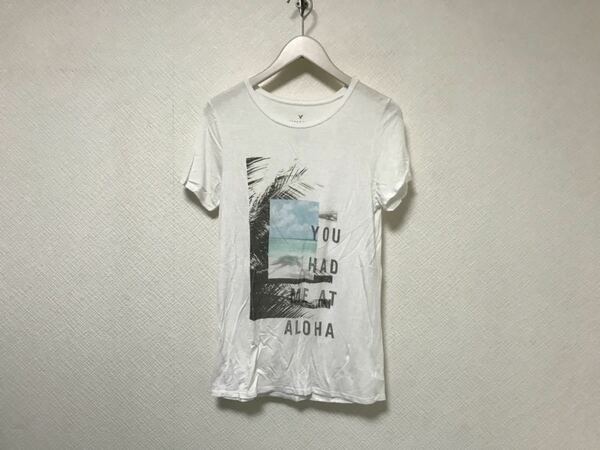 本物アメリカンイーグルAMERICANEAGLEレーヨンプリント半袖Tシャツレディースアメカジサーフビジネススーツ白ホワイトXS