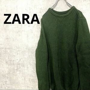 ZARA ザラ ニットセーター 深緑　カーキ　メンズ　M ダークグリーン　ザラメン　無地　丸首　コットンニット　綿100%