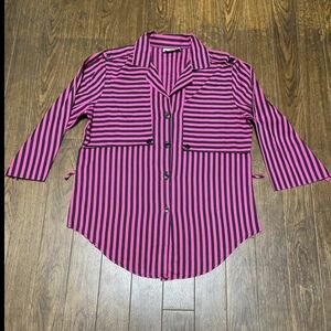 80s 90s VINTAGE LADIES BLACK PINK STRIPE SHIRT ビンテージ レディース 黒ピン ピンク デザイン シャツ 古着 USA アメリカ 美品