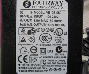 FAIRWAY　VE10B-050【ACアダプター　DC 5V／2A　センタープラス】