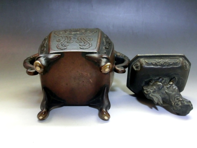 香炉□獅子古い銅製龍紋火器四つ足象耳付き古民具古美術時代物骨董品