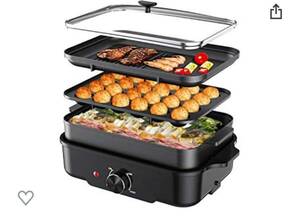 新品未使用 Sandoo ホットプレート波型 焼肉 たこ焼き しゃぶしゃぶ グリル 3枚 着脱式ホットプレート 1200W ガラス蓋付き 黒 HK0500