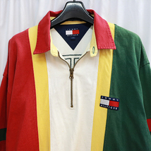 90年代古着 ビンテージ 90's トミーヒルフィガー TOMMY HILFIGER ラスタカラー！ハーフジップシャツＬ ラガーシャツ レゲエ 背中ロゴ120107_画像2