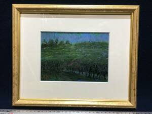 Art hand Auction 橋本慎一 小川 0号 オイルパステル 直筆 サイン S.H 絵画 画 古画 ガラスカバー付き額縁入り 小さな絵 金縁 日美連会員 野田市 千葉県 珍品, 美術品, 絵画, パステル画, クレヨン画