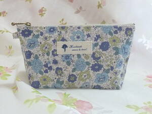 * hand made * independent make! inset attaching fastener pouch ②| blue group wonderful small floral print | small articles adjustment . pen case, storage, cosme pouch etc. .