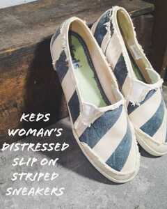 Keds womans distressed slip on striped sneakers 00s lady's kez damage processing stripe slip-on shoes Vintage espadrille 