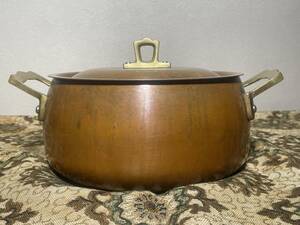 アンティーク　ヴィンテージ　レトロ◆両手鍋　キャセロール鍋　銅製鍋　真鍮　蓋付き　１８ｃｍ
