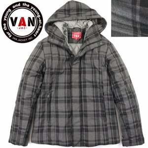 美品 VAN JACKET ヴァンヂャケット ジャージプリント 中綿 パディングジャケット チェック グレー 灰 L メンズ 紳士 フード-