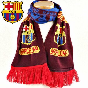 極美品 FC BARCELONA バルセロナ ウールニット エンブレムロゴ マフラー ボルドーｘブルー ストール フリンジ サッカー 応援グッズ