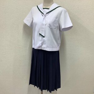 (Y)I709(中古) 山形県 新庄市立 明倫中学校 (閉校) 上下セット /希少/統合/廃校/L/W68/セーラー/スカート/カットタイ/緑1本/夏/制服/学生服