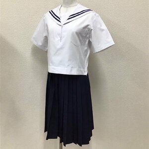 O867 (中古) 四国方面 校名不明 セーラー服 上下セット /165A/W64/丈59/28本/紺2本ライン/夏服/夏用/中学校/高校/女子学生/学生服/学生