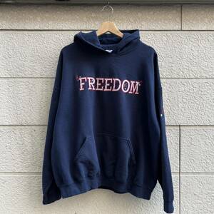 USED US古着 スウェットパーカー フーディ ネイビー 紺色 刺繍 星柄 FREEDOM GILDAN ギルダン アメリカ古着 XLサイズ ビッグサイズ