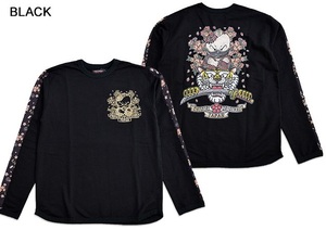 ちぎり＆タイガーフェイス縮緬袖切替ミニ裏毛長袖Tシャツ◆CHIGIRI ブラックMサイズ CHL43-792 和柄 和風 ロングTシャツ ロンT チギリ