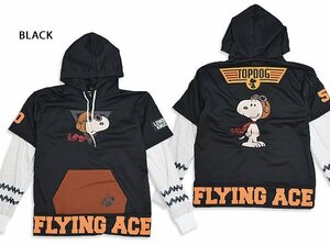 ロウブロウナックル×スヌーピー FLYING ACEフェイクレイヤードパーカー◆ロウブロウナックル ブラックXXLサイズ 592402 ミリタリー 刺繍