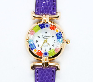【送料無料】イタリア製　ベネチアンガラス　職人ハンドメイド　腕時計　ムラーノクリスタル　ミルフィオリ　ウォッチ (ゴールド パープル)