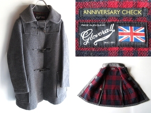 希少 GLOVERALL グローバーオール 50th Anniversary Check 50周年 チェック裏地 丸襟 ラウンドカラー ダッフルコート 36 グレー 英国製