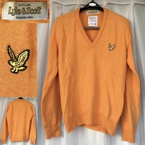 オレンジ★Lyle & Scott Vネック ウールニット セーター M★スコットランド製 ワッペン 長袖 100% PURE NEW WOOL ライル&スコット SCOTLAND