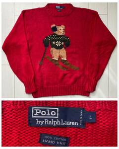 送料無料 美品 90s vintage ビンテージ POLO BEAR ポロベア ラルフローレン HAND KNIT ハンド ニット セーター red レッド rrl country XL