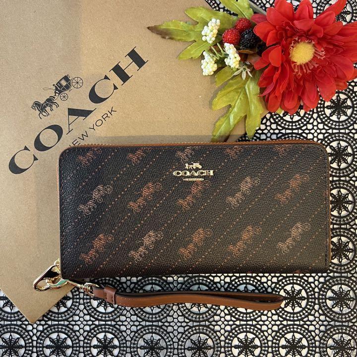 お洒落 COACH 2つ折り財布 馬車柄 ブラック ダークブラウン