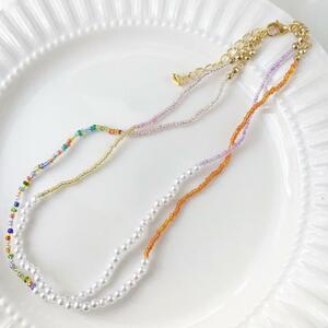 ビーズ2連ネックレス　ハーフパール　オレンジ　ゴールド　マルチカラー　beads jewelry accessories 0546