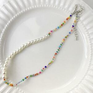 ビーズネックレス　ハーフパール　☆マルチカラー　レインボー　シルバー　beads jewelry accessories 0547