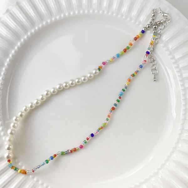 ビーズネックレス ハーフパール ☆マルチカラー レインボー シルバー beads jewelry accessories 0547