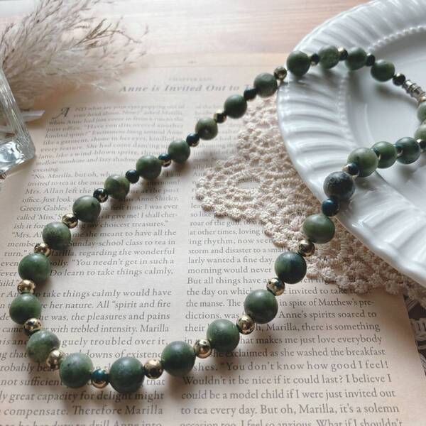 天然石ネックレス 緑 グリーン 艶けし Japan Vintage jewelry accessories 0493