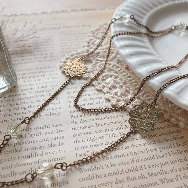 ヴィンテージ調 金古美ロングネックレス 2連 重ね付け風 ビジューVintage jewelry accessories 0603