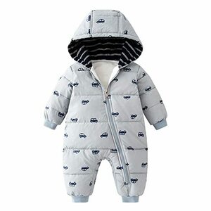 Baby nest ベビー服 ジャンプスーツ カバーオール クルマ 長袖ロンパース フード付き 防寒 秋冬用 男の子 女の子 グレー