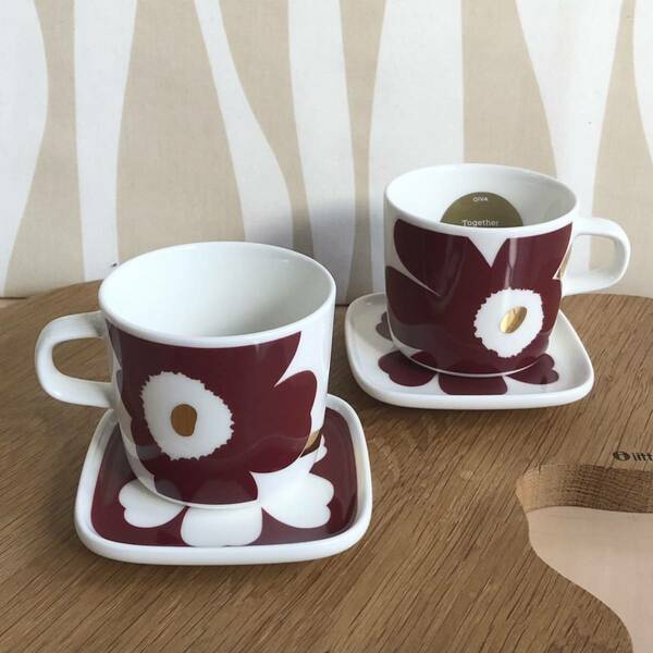 新品 marimekko Juhla Unikko ウニッコ コーヒーカップ ＆ プレート ワインレッド