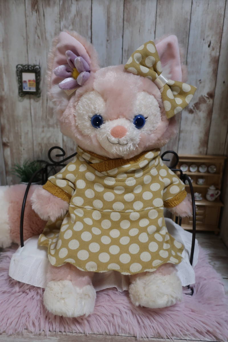 Mustard-colored polka dots with ribbon, Lina Belle size S costume, stuffed animal clothes, handmade hoodie-style dress, character, Disney, ShellieMay
