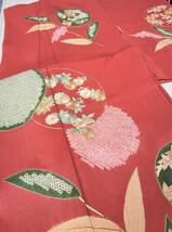 花とら●リサイクル着物　訪問着　本匹田絞り　刺繍　花の丸　美品　パールトーン加工済　灰橙　豪華　　221116_画像1