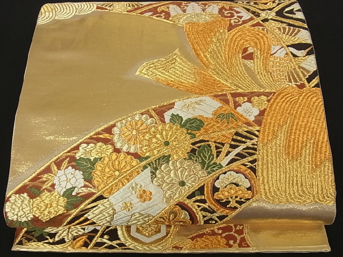 日本割 211my87〇明綴れ 束ね熨斗 鳥 花 蝶々 金糸 袋帯〇美品