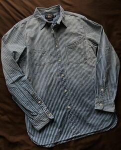 【名作】極美品 RRL FADED INDIGO STRIPE WORK SHIRT ダブルアールエル フェード インディゴ ストライプ シャツ ヴィンテージ 炭鉱 M