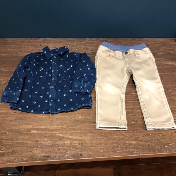 【古着☆サイズ90】冬用 暖かシャツ&裏起毛パンツ セットアップ 雪国にオススメ ボトムス