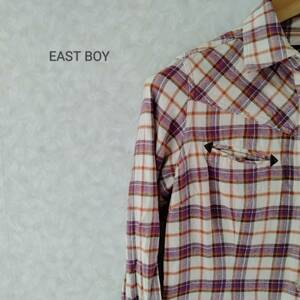 EASTBOY イーストボーイ チェック柄 シャツ ワンピース ミニ丈 長袖 胸ポケット ベルトループ フロントボタン バイオレット サイズ11 SJ73