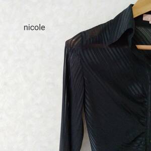 NICOLE ニコル ストライプ柄 シアー シャツ トップス フロントボタン ギャザー ショート丈 上品 キレイめ ブラック サイズ38 SJ45