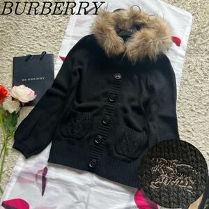 【美品】BURBERRY BLUE LABEL ニットカーディガン ファー 38 バーバリーブルーレーベル M ブラック 黒