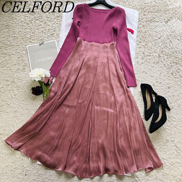 美品】CELFORD ニットロングワンピース 白襟 フレア 36 黄緑 www