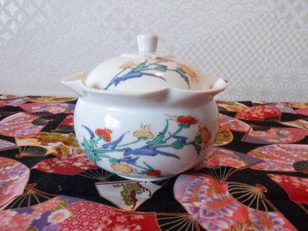 B12『有田焼 栄峰窯 アザミの花柄模様の菓子器 シュガーポット』~箱なし