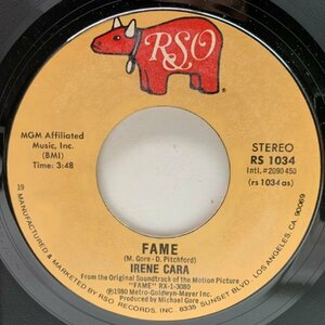 美盤!! USオリジナル 7インチ IRENE CARA Fame ('80 RSO) アラン・パーカー 映画 フェーム SOUNDTRACK 45RPM.