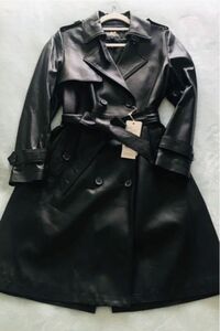 トレンチコート　本革　ブラック　黒　スプリングコート　レザーコート 