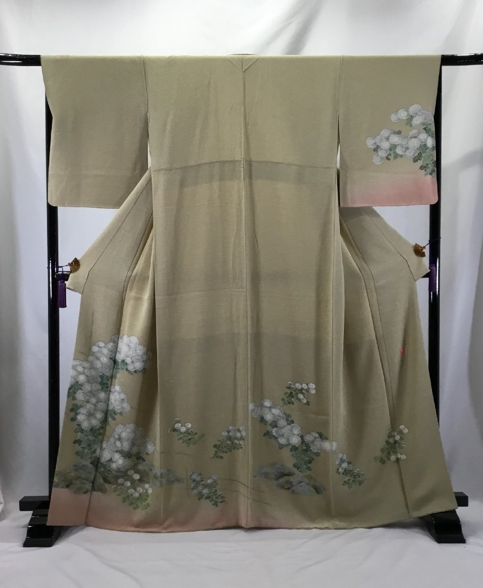 訪問着/美品/正絹/作家物/京友禅/ベージュにあじさいと菊/落款入