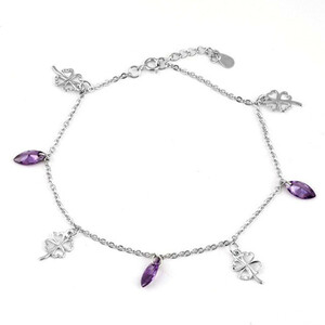  two month birthstone four leaf. clover Cubic Zirconia silver 925 platinum color anklet 