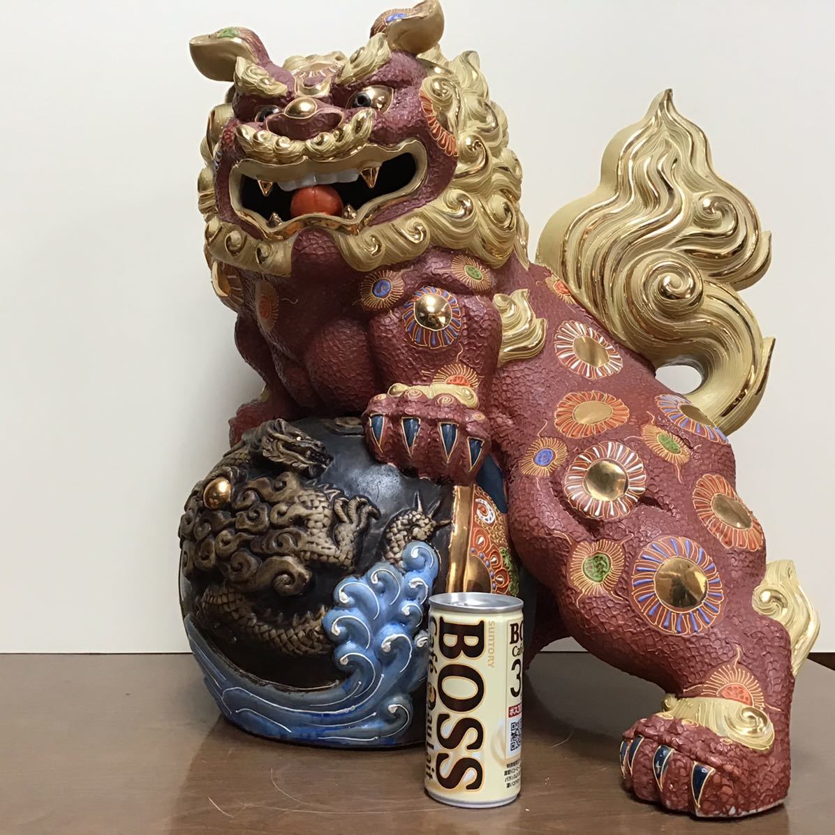 九谷焼 金彩盛絵玉乗り獅子 特大陶器 置物 日本陶芸伝統品-